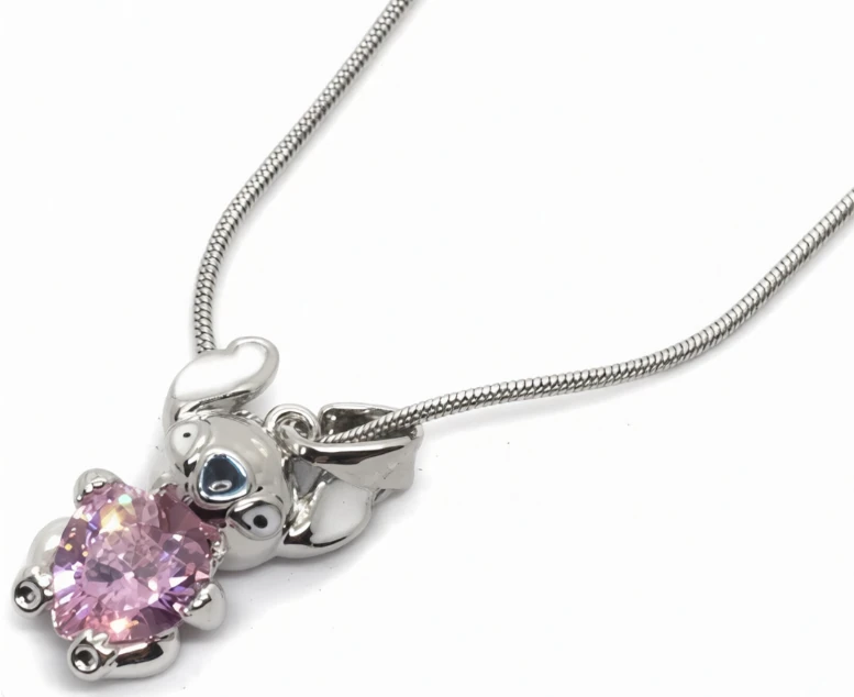 Cadena de acero quirurgico con dije Stitch con cubic rosa corazon 40cm + 5cm